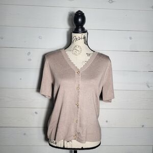 NWT Cyrus Women's Short Sleeve Cardigan Scalloped Hem Chic Cottagecore.